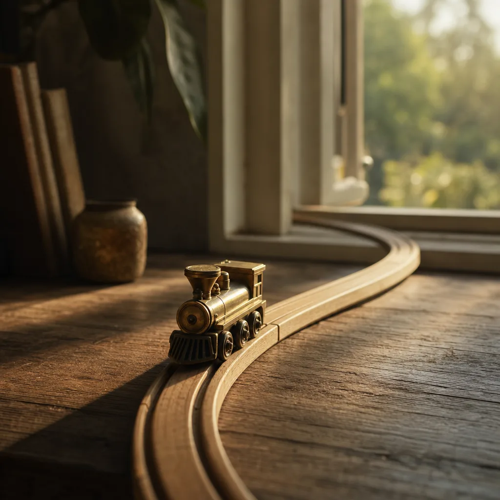 A small brass locomotive toy on a smooth wooden track curving toward an open sunlit window