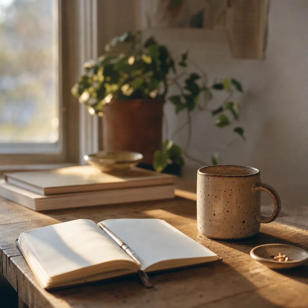 Two mismatched ceramic mugs side by side on a sun-lit windowsill