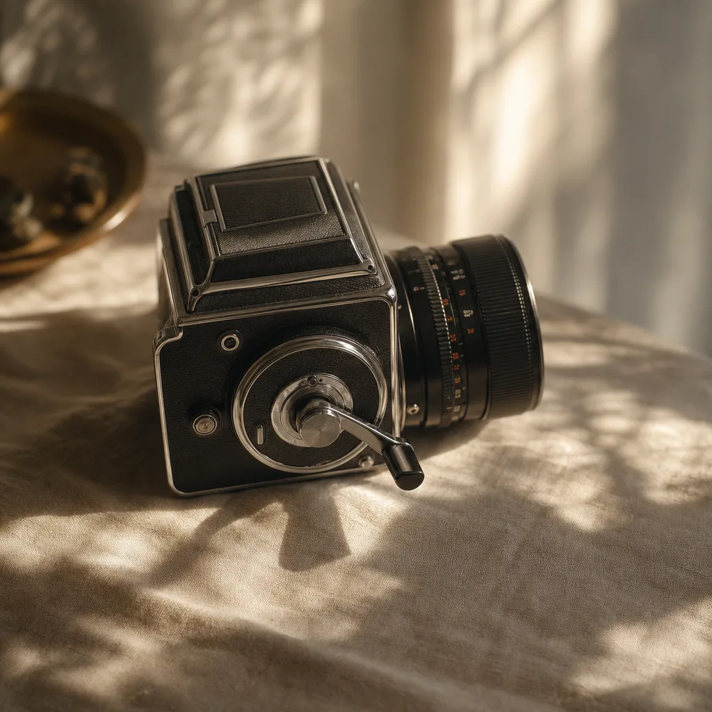 A hand-wound film camera with its advance lever mid-crank