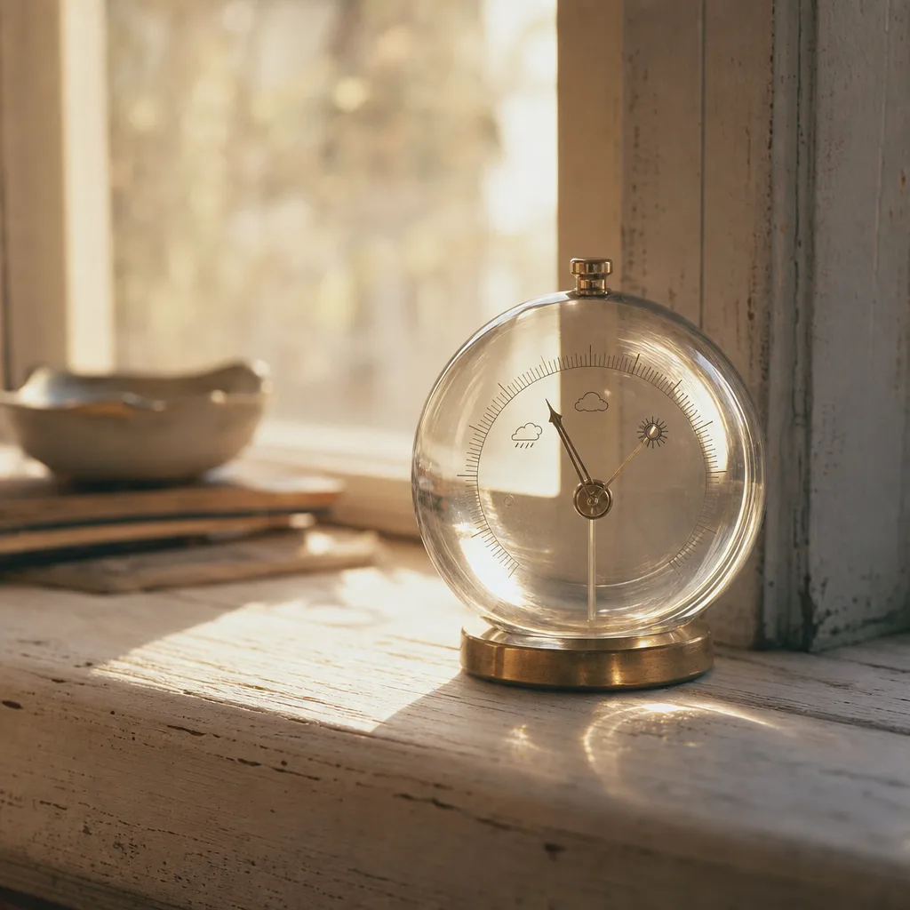 A small glass barometer resting on a sun-bleached windowsill