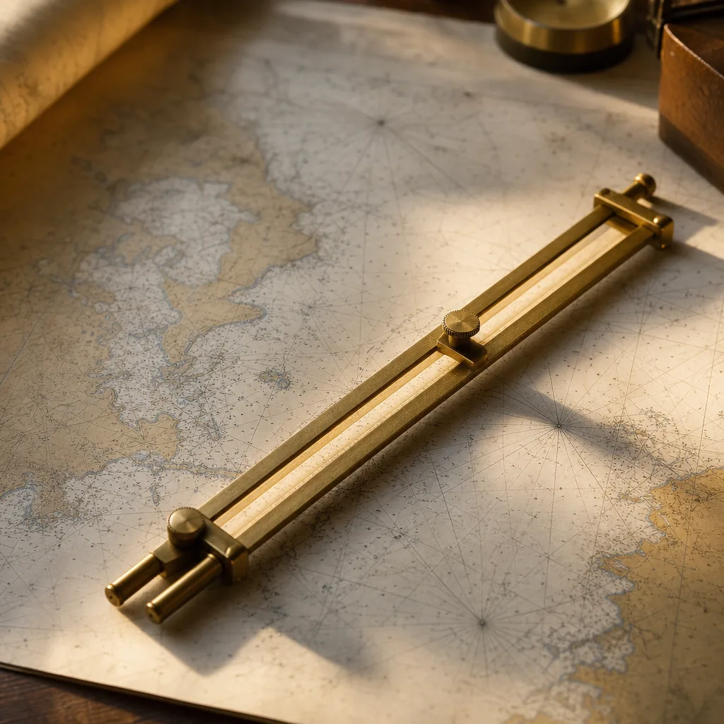 A brass navigator's parallel ruler laid diagonally across an aged nautical chart