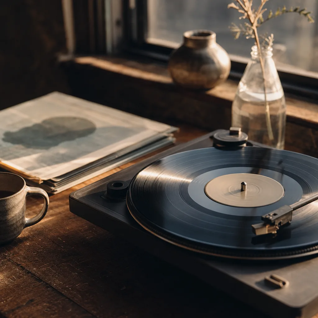 A vinyl record mid-rotation on a turntable