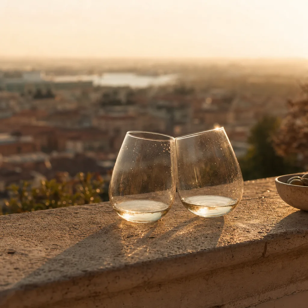 Two nearly-empty glasses on a sun-warmed outdoor ledge