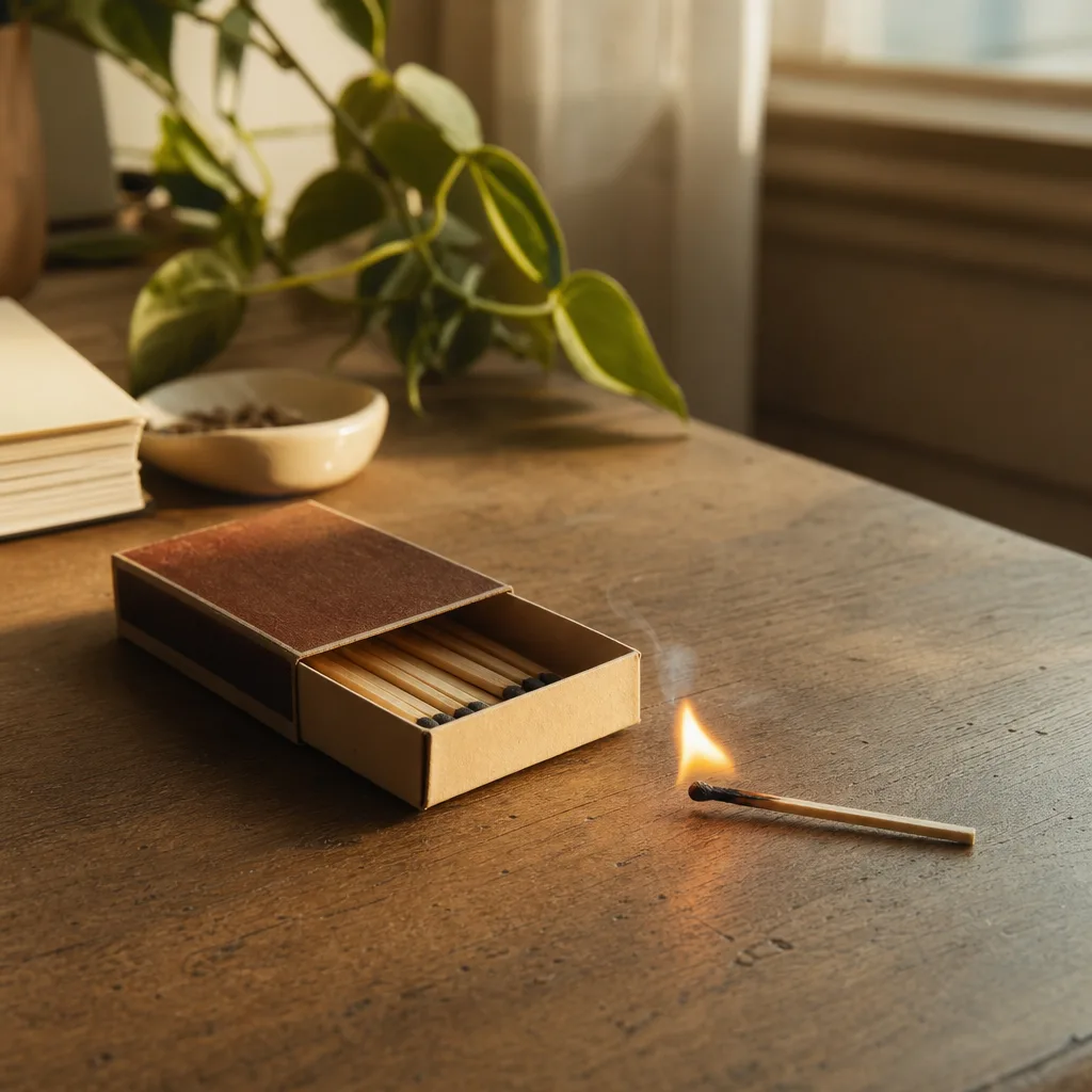 An open matchbox with one match struck and set aside