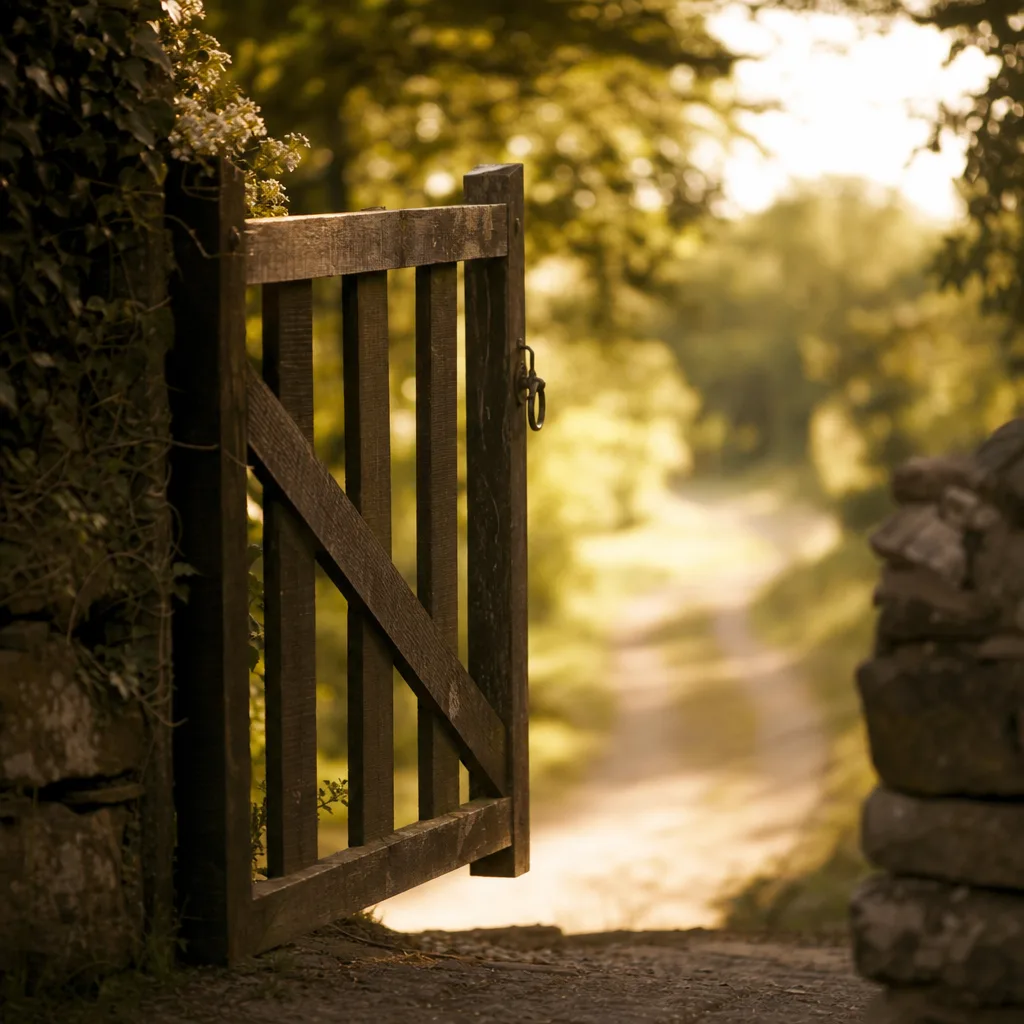 An unlatched wooden gate standing half-open onto a sunlit path beyond