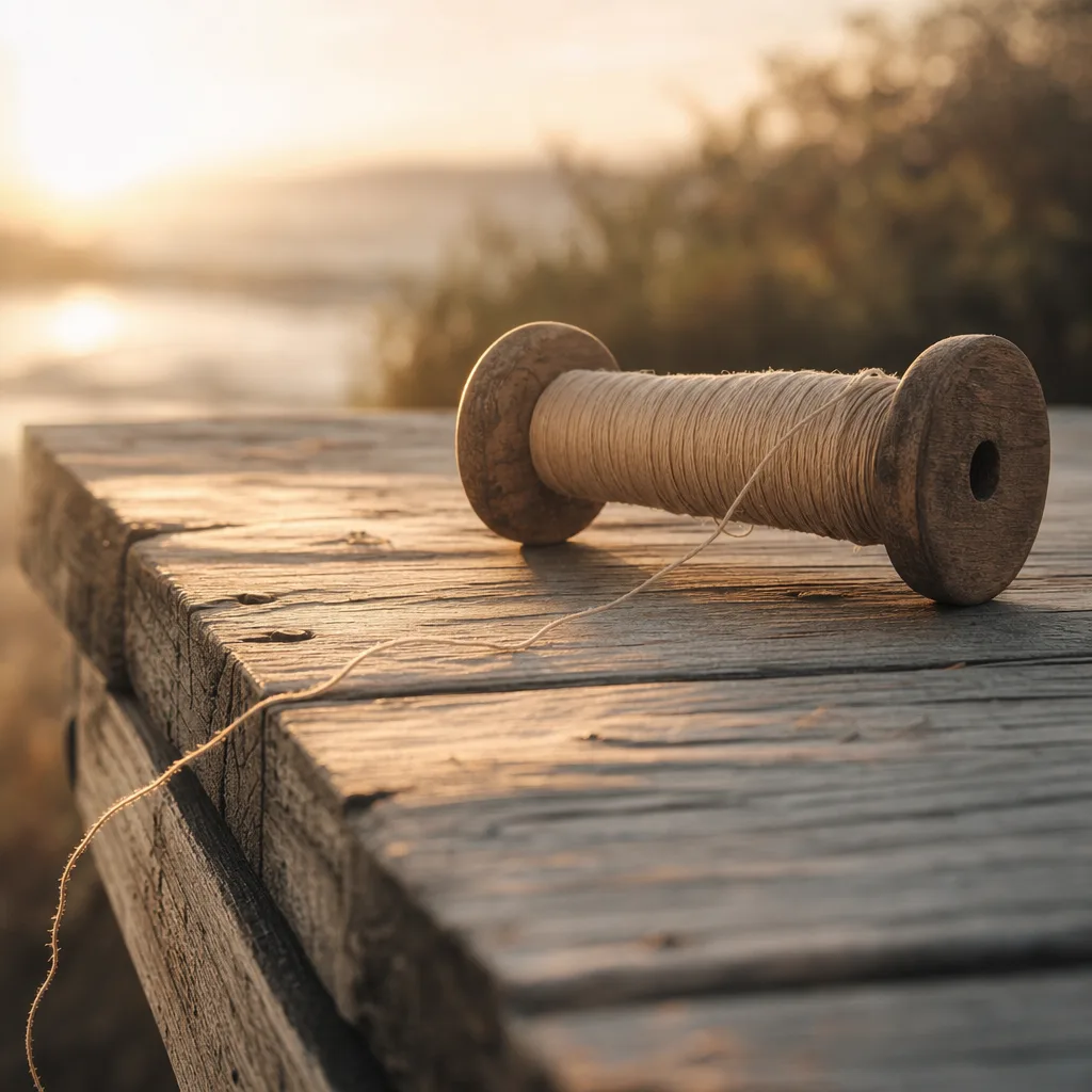 A single kite spool resting on sun-bleached wooden planks
