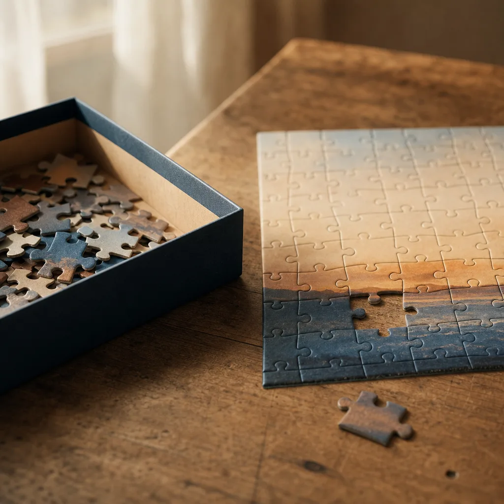 An open puzzle box with one final piece set deliberately apart from the nearly-complete image beside it