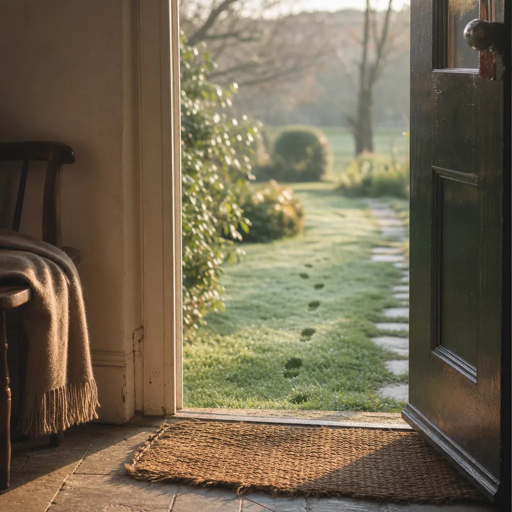 An open front door threshold looking onto a sunlit garden path