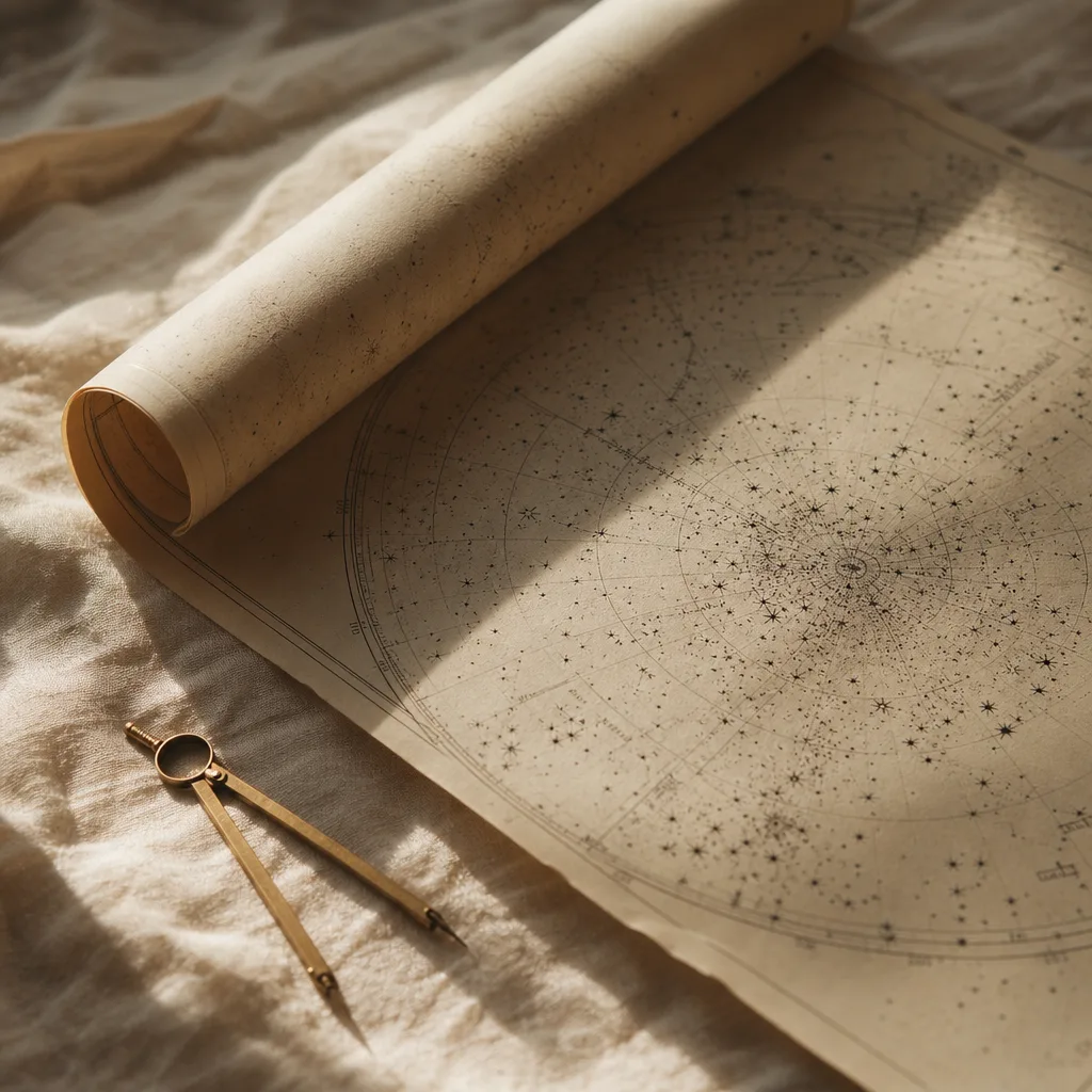 A hand-drawn star chart partially unrolled on a linen surface