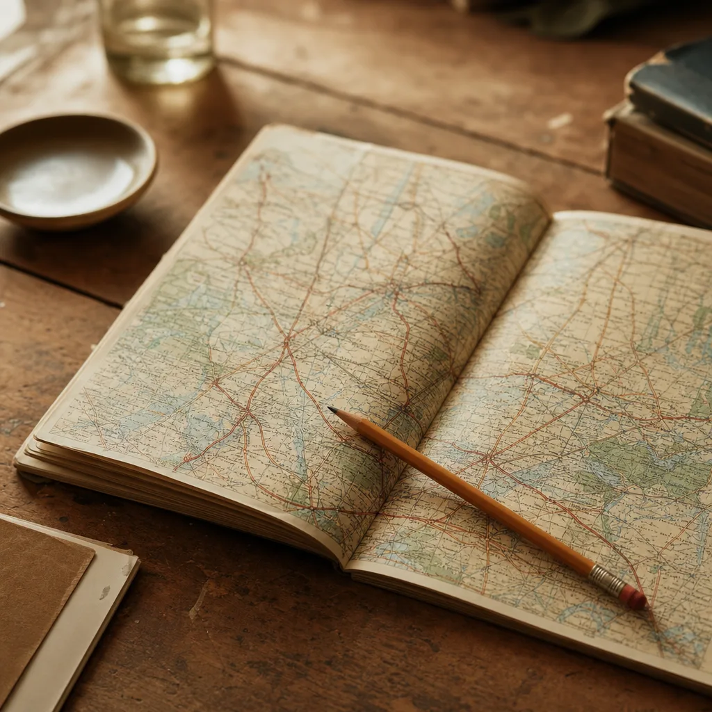 A worn road atlas lying open to a page of intersecting highways