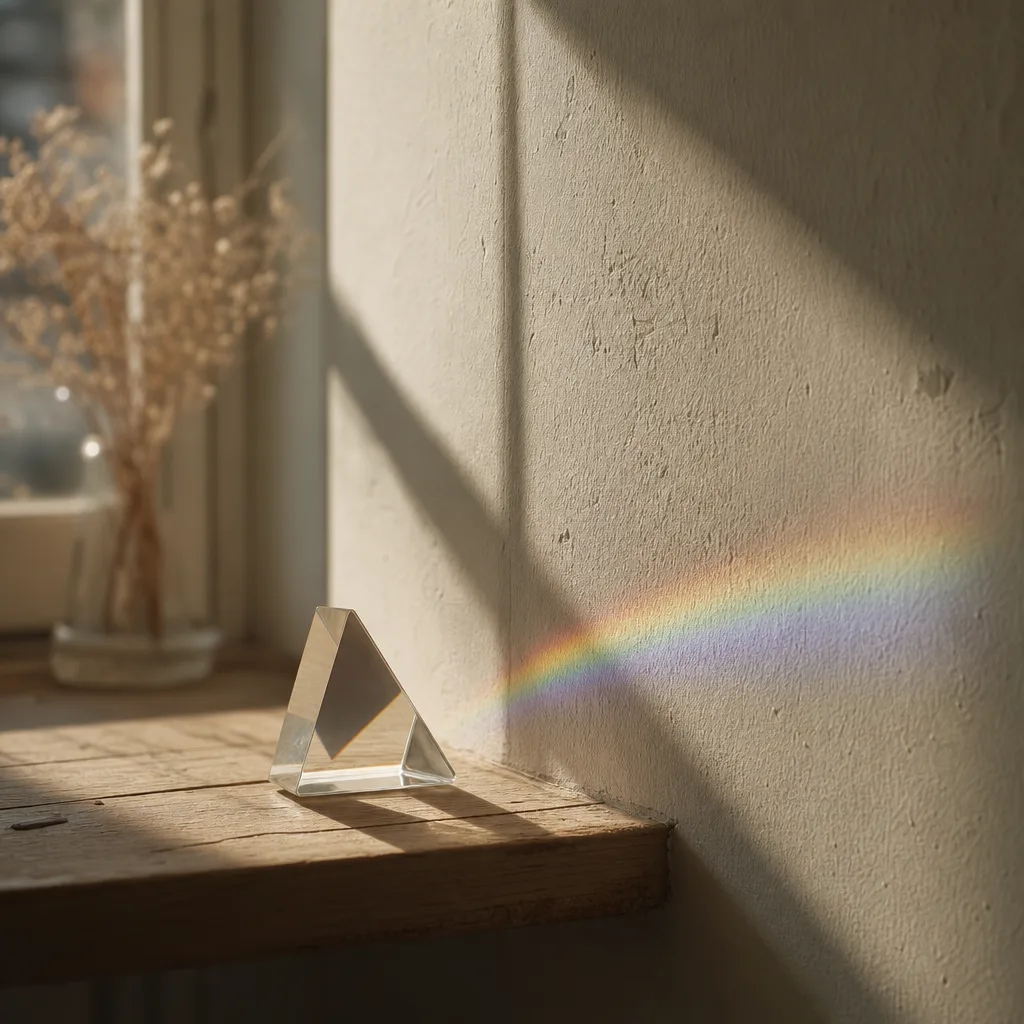 A small handheld prism resting on a sun-lit windowsill casting a quiet spectrum across pale plaster wall