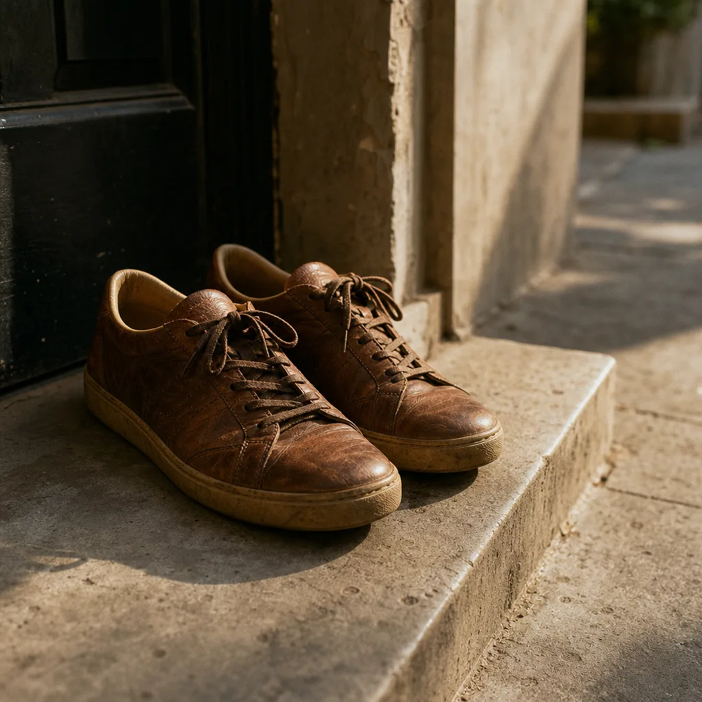 A pair of worn leather sneakers on a concrete step