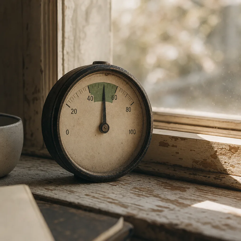 An old analog dial gauge with a needle resting calmly in the green zone