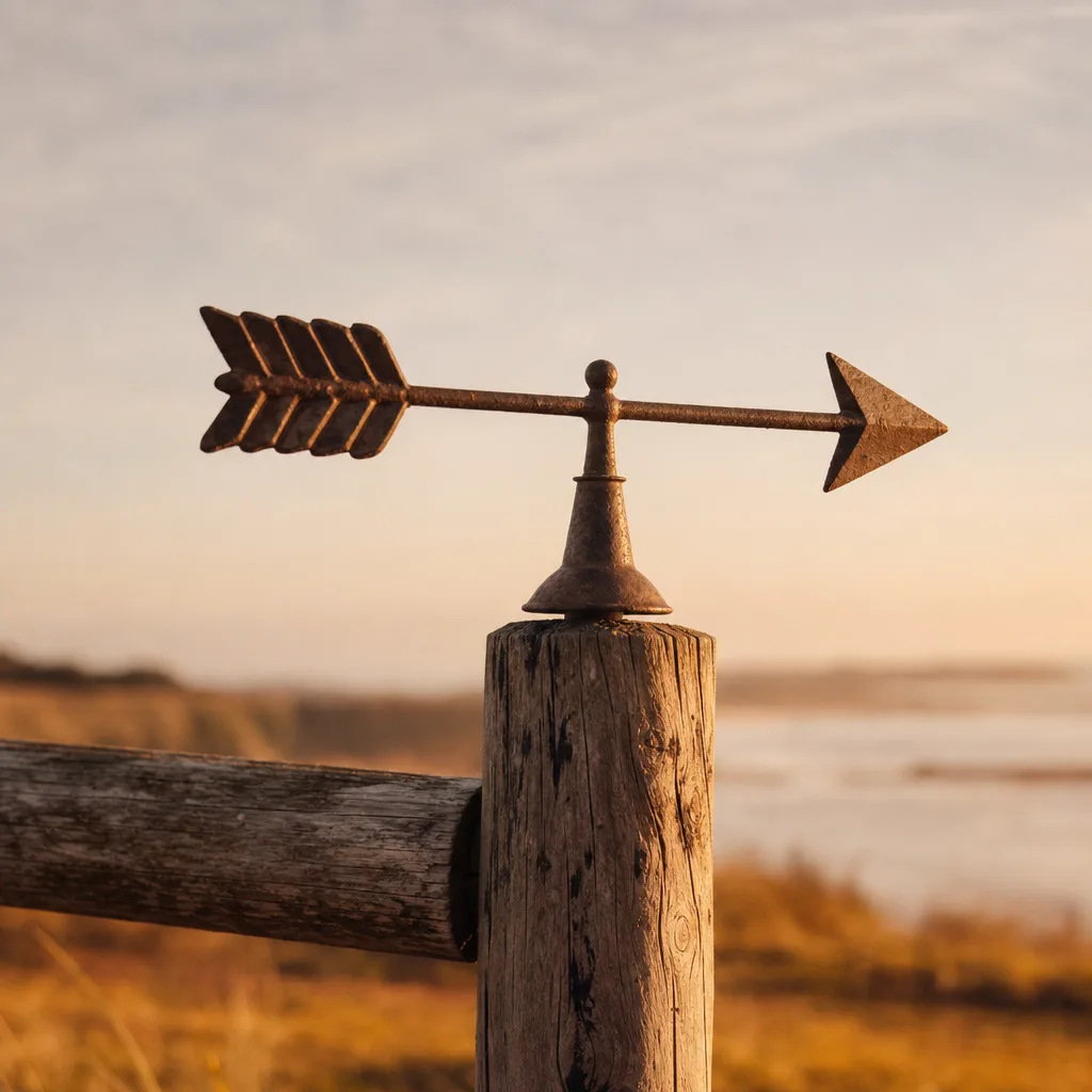 A weather vane mounted on a weathered fence post photographed close