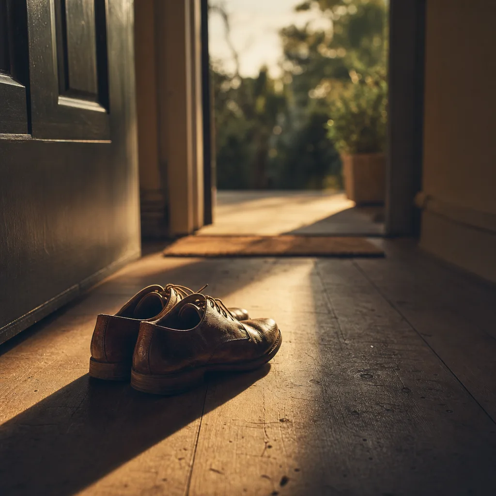 A pair of worn leather shoes neatly placed by an open front door
