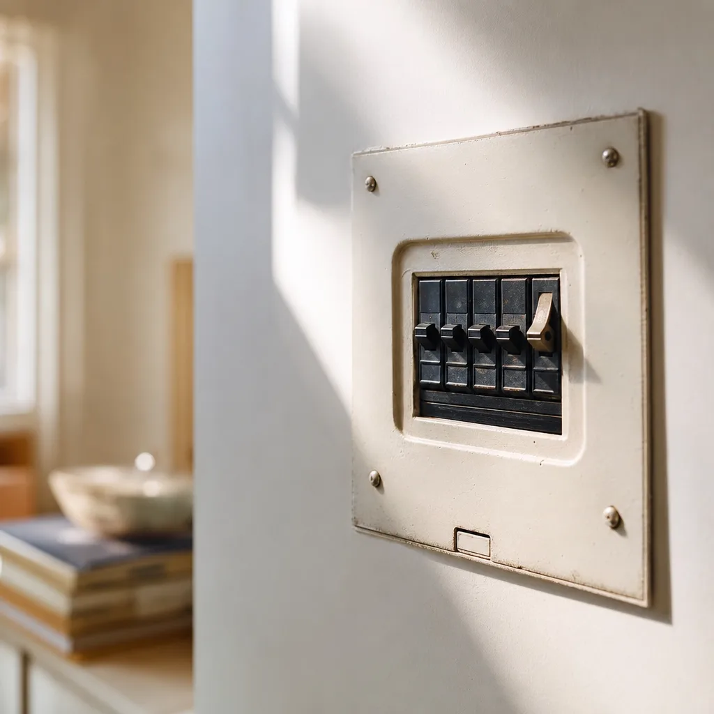 A vintage circuit breaker box with one switch freshly flipped to the on position