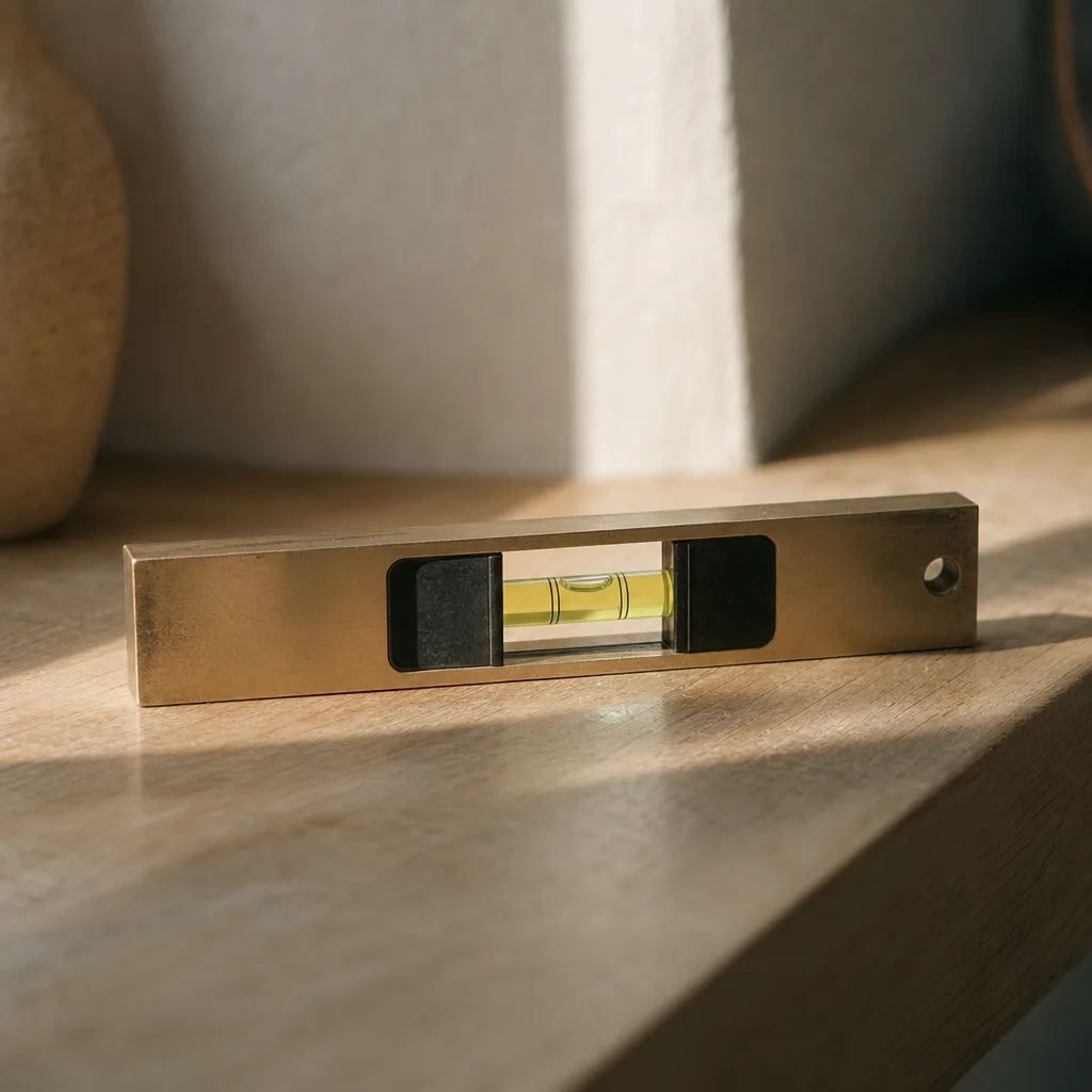 A small spirit level tool lying flat on a smooth pale oak surface
