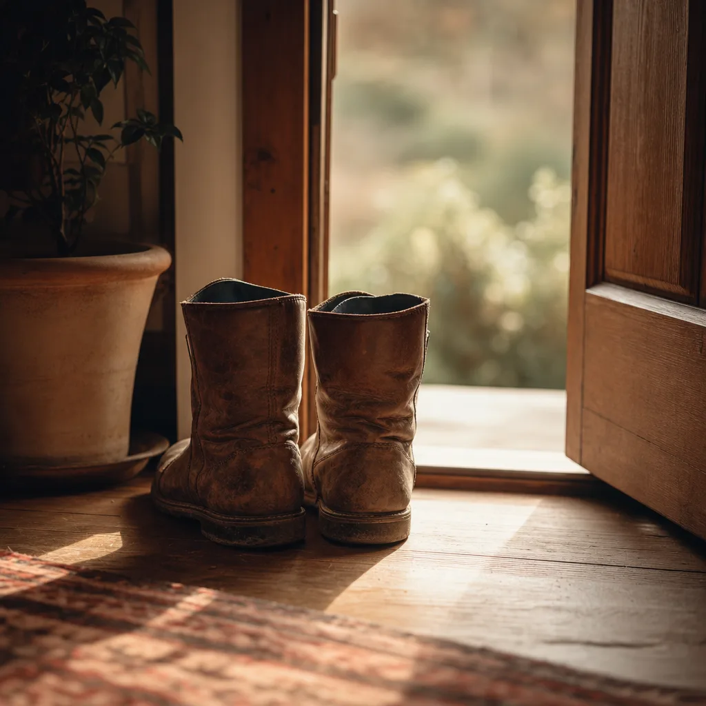 A pair of well-worn leather boots standing upright on a sunlit threshold