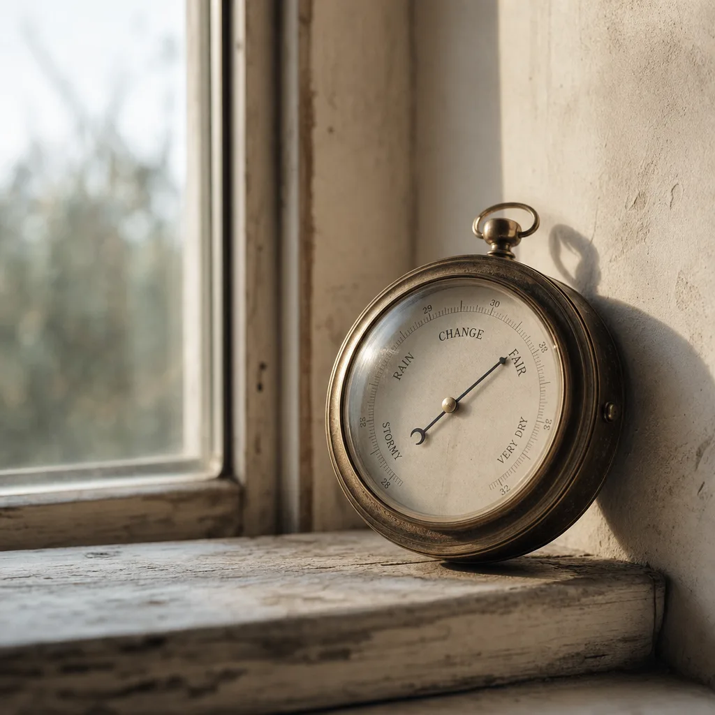 A small brass barometer mounted on a weathered windowsill