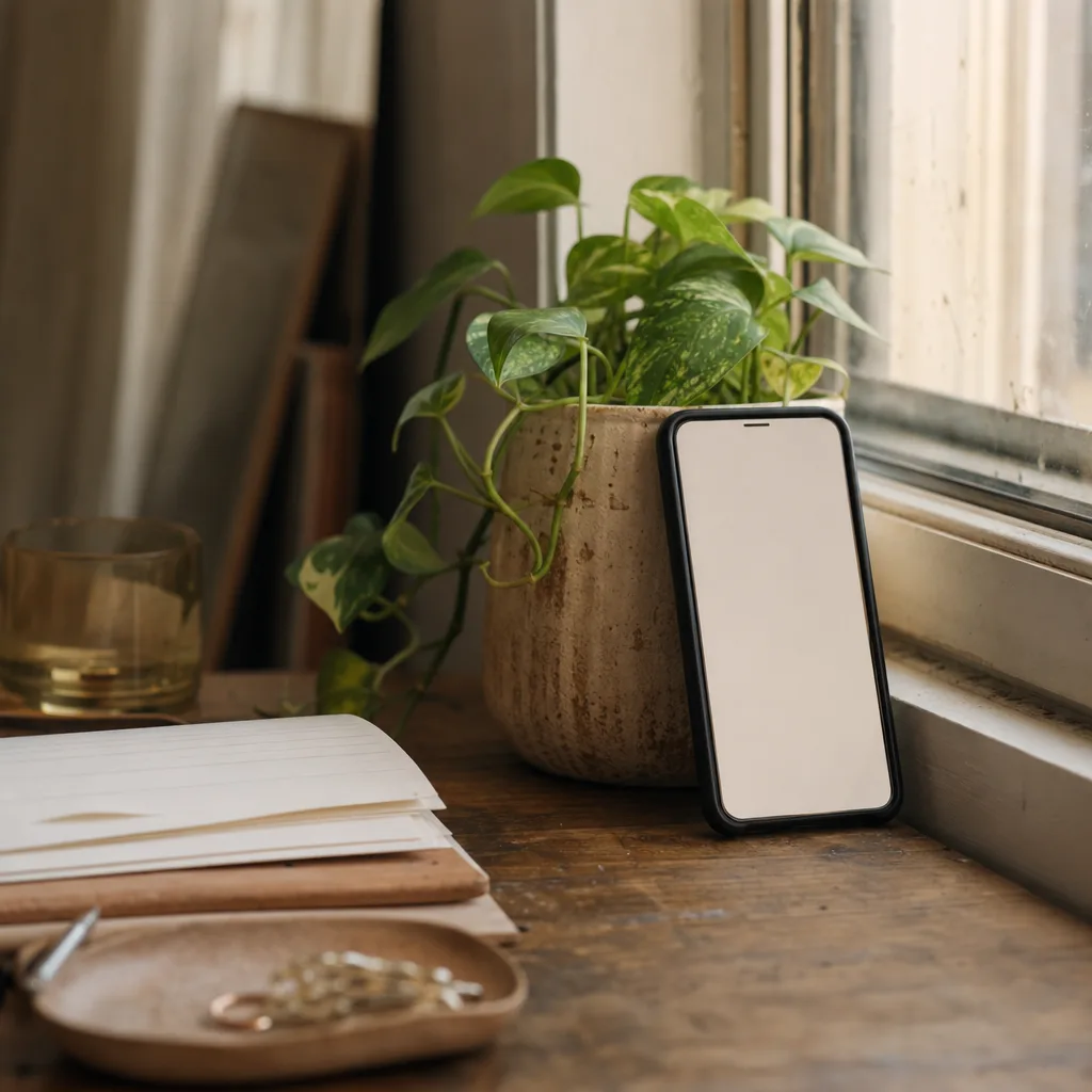 An unsent draft visible on a phone screen propped against a windowsill plant