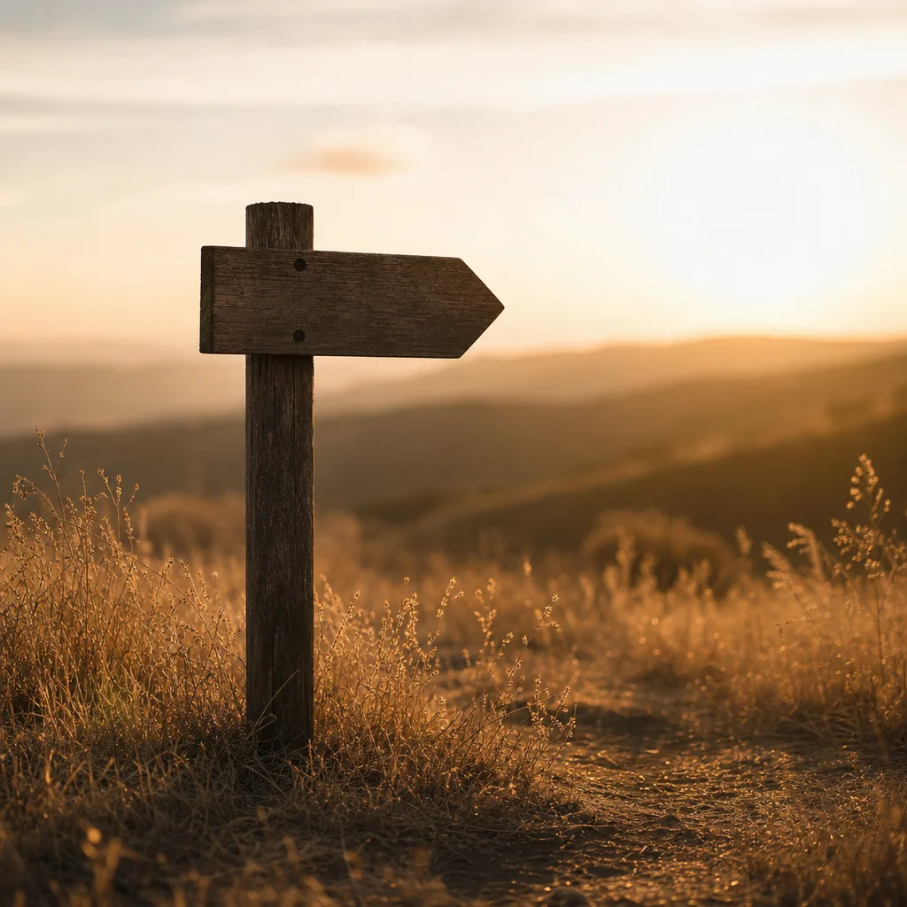 A single road sign post planted in dry golden grass pointing one clear direction