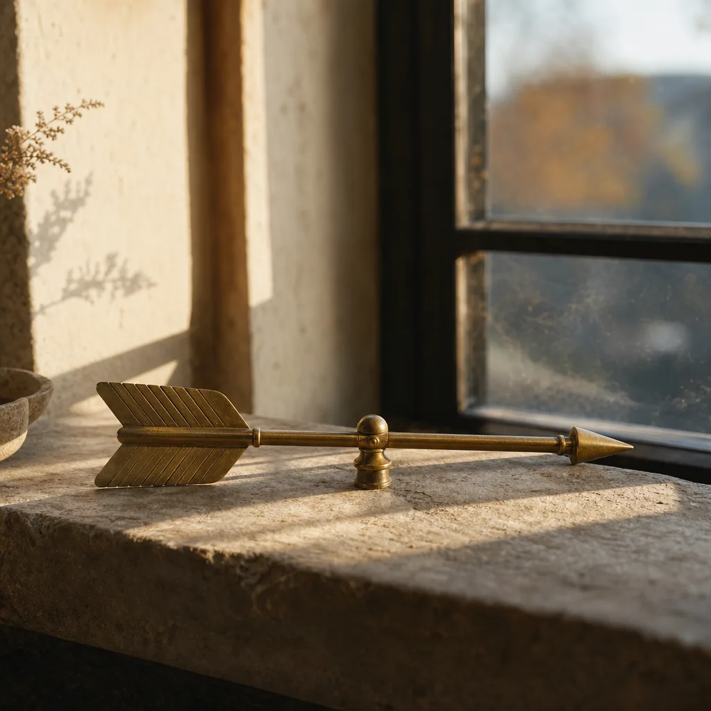 A brass weather vane shaped like an arrow