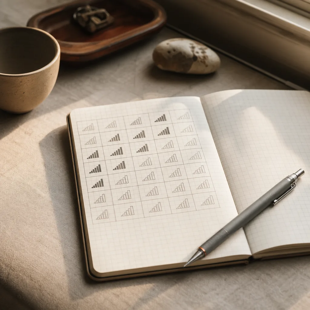 An open field notebook with a hand-drawn signal-strength grid partially filled in