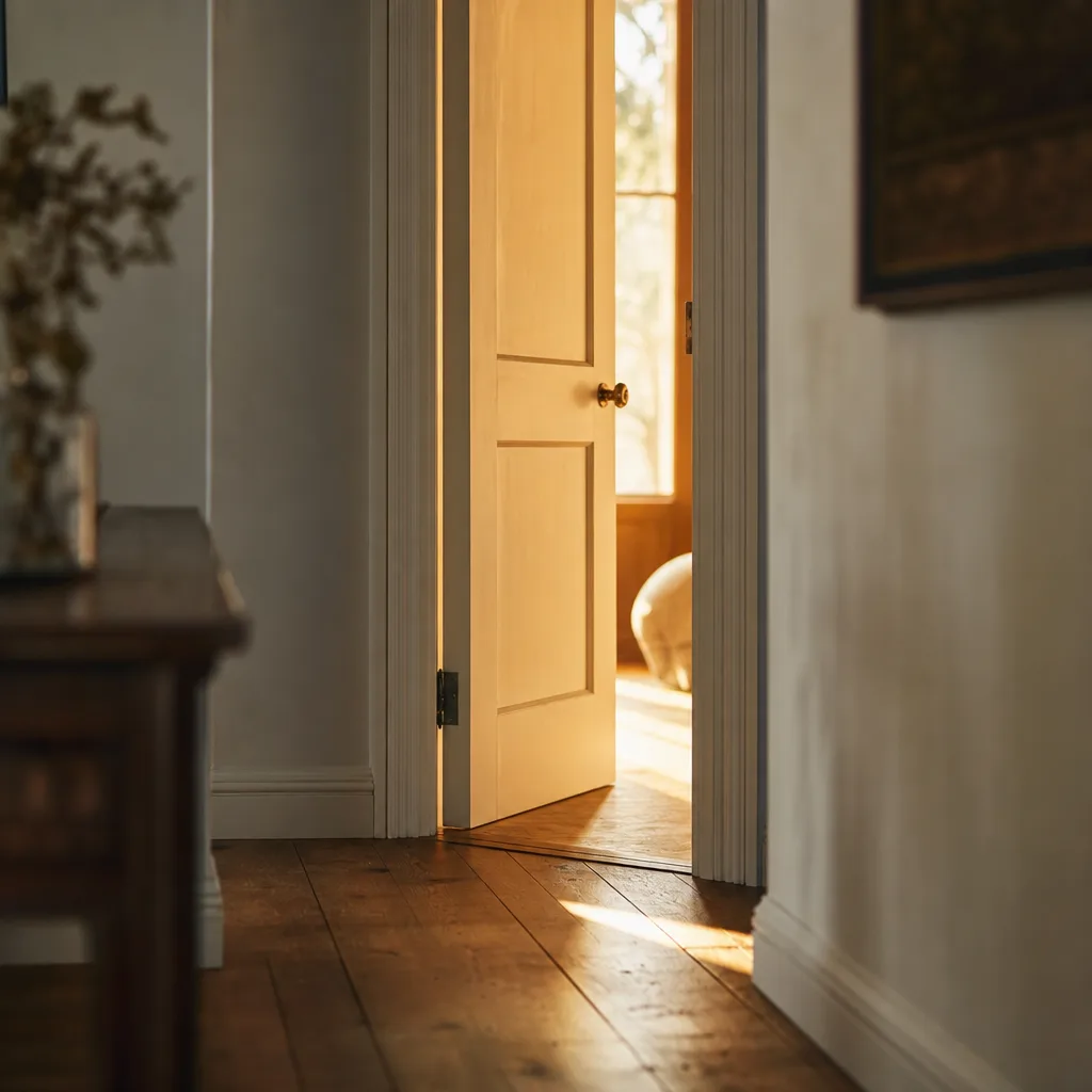A single door left slightly ajar revealing warm golden light beyond