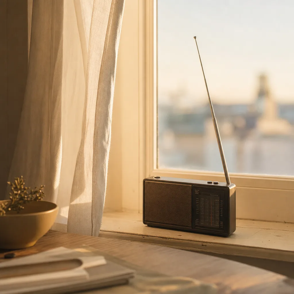 A small shortwave radio with its telescoping antenna fully extended