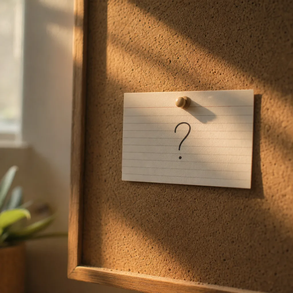 A single index card with one handwritten question mark pinned to a corkboard