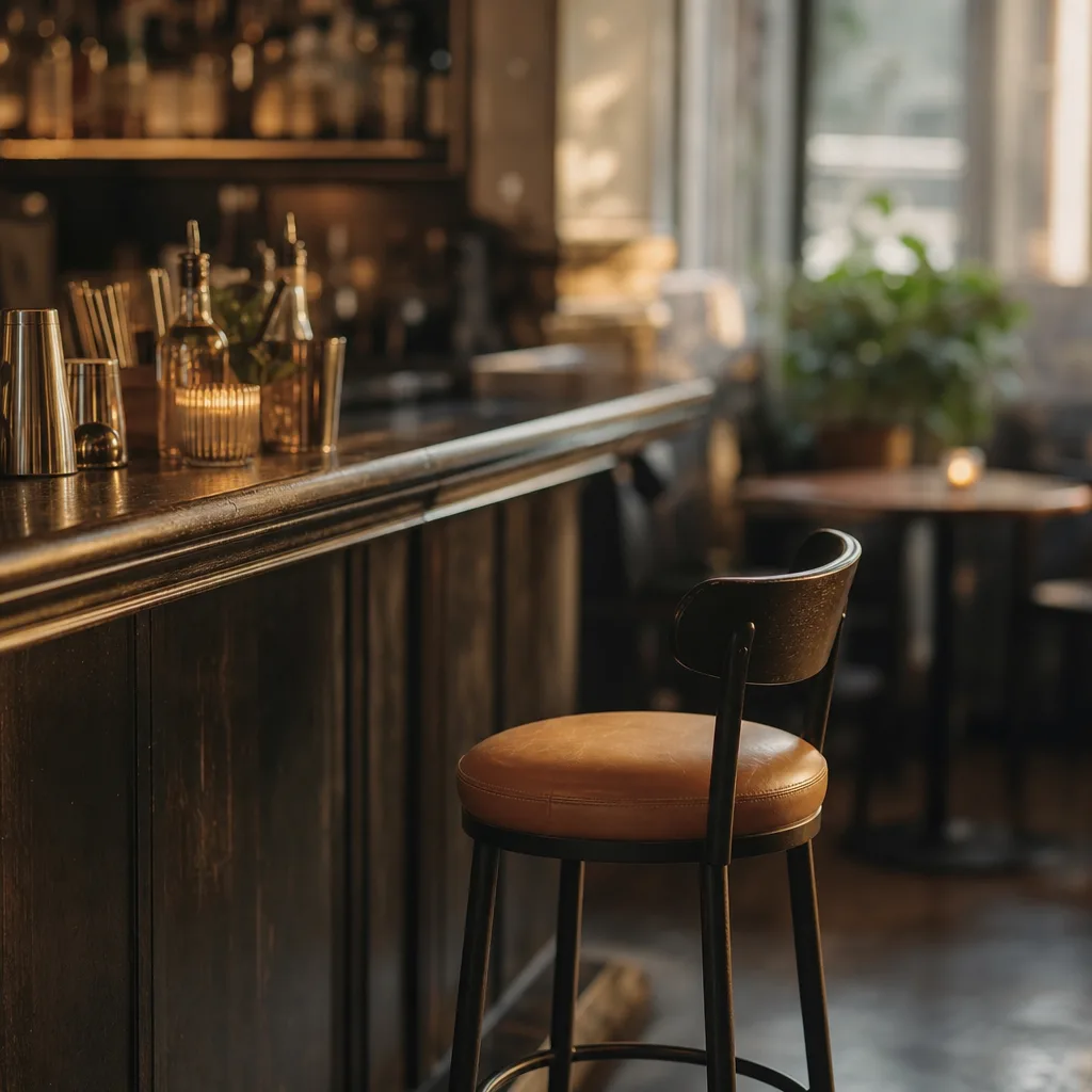 An open barstool angled slightly outward from the bar edge