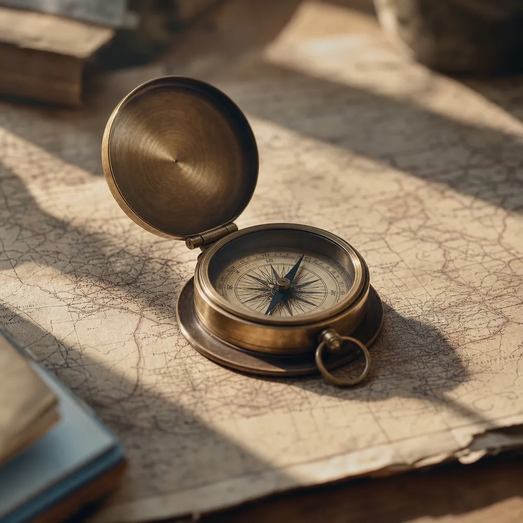 A small brass compass resting open on a sun-bleached map