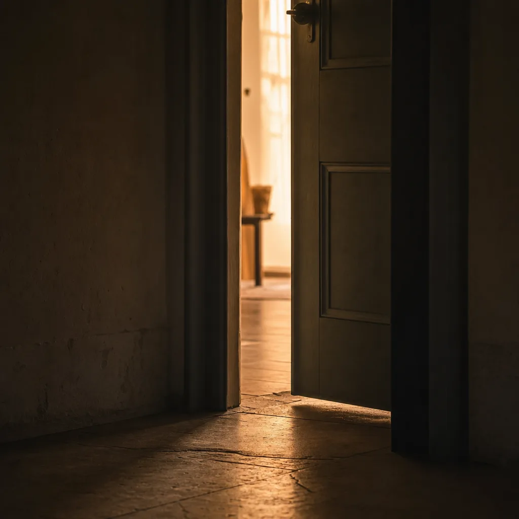 A single door left slightly ajar revealing a warm-lit interior beyond