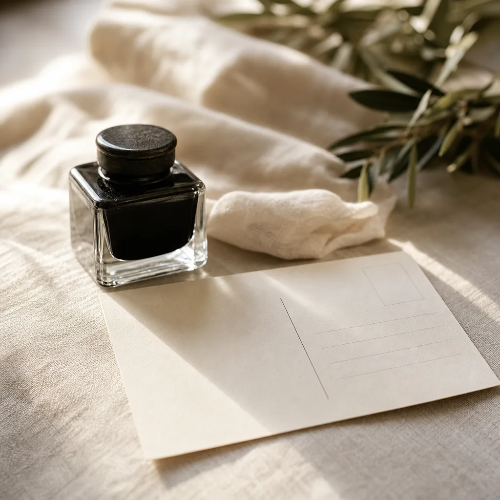 A sealed glass bottle of ink beside a freshly addressed postcard lying flat and ready on a pale linen surface