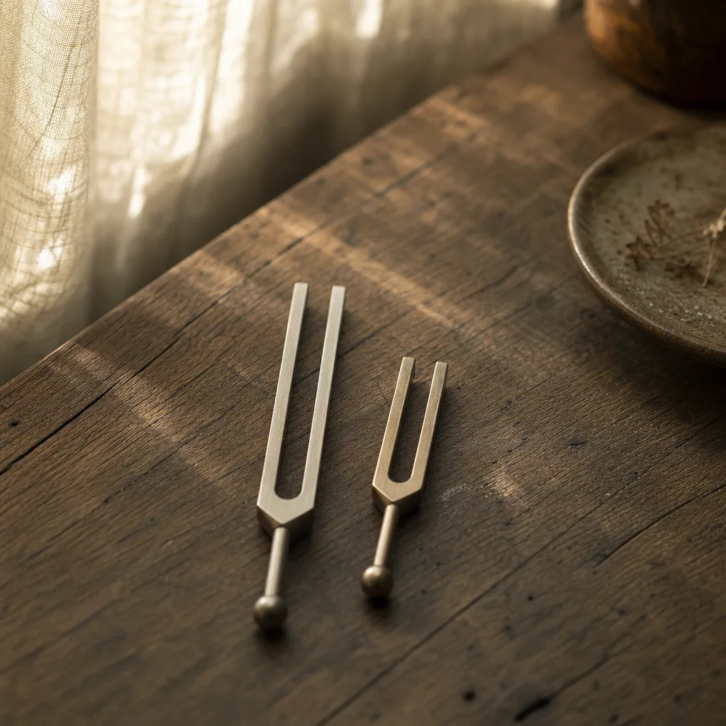 A pair of mismatched tuning forks resting side by side on aged oak tabletop