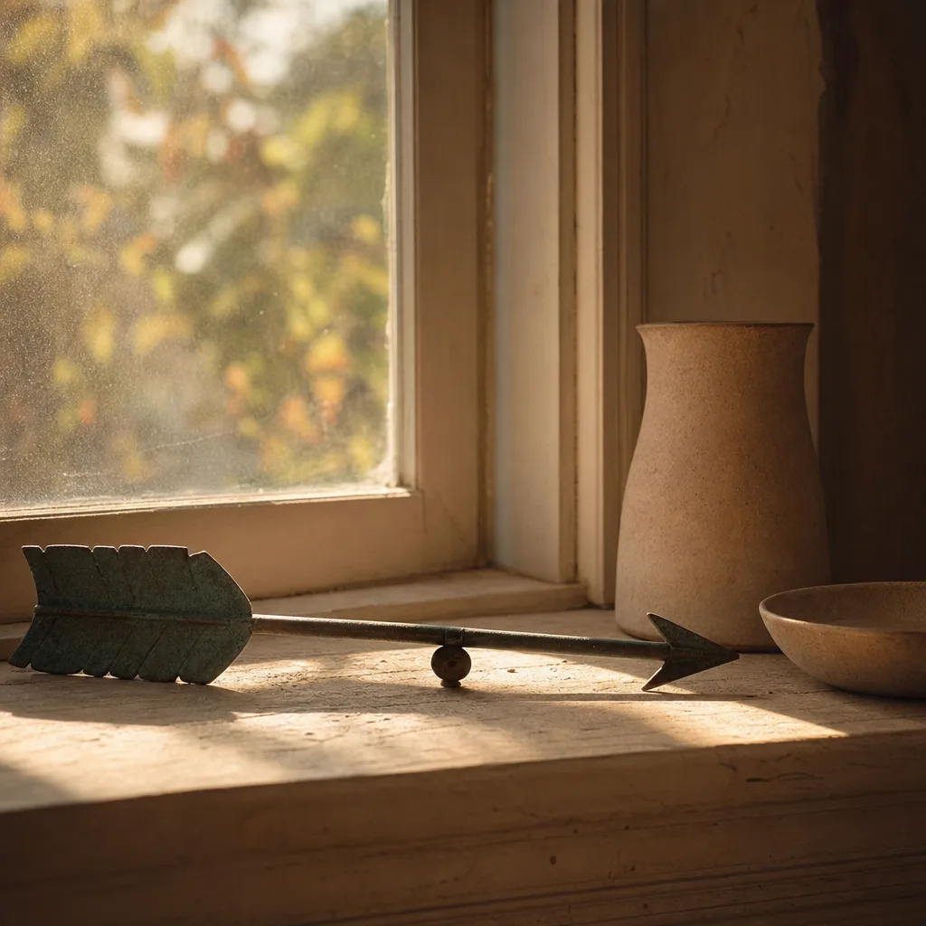 A single arrow-shaped weathervane resting horizontally on a sunlit windowsill