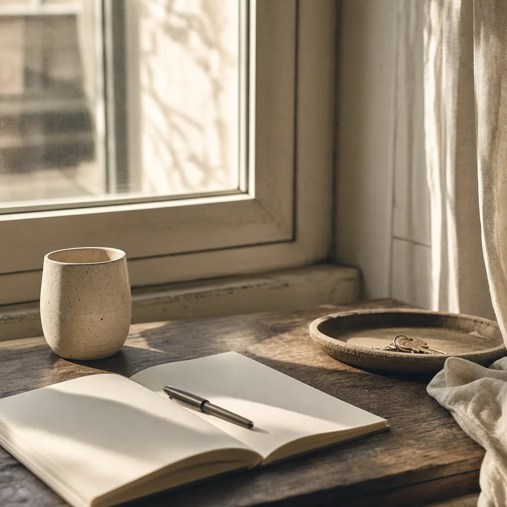 A small potted plant on a sunlit windowsill
