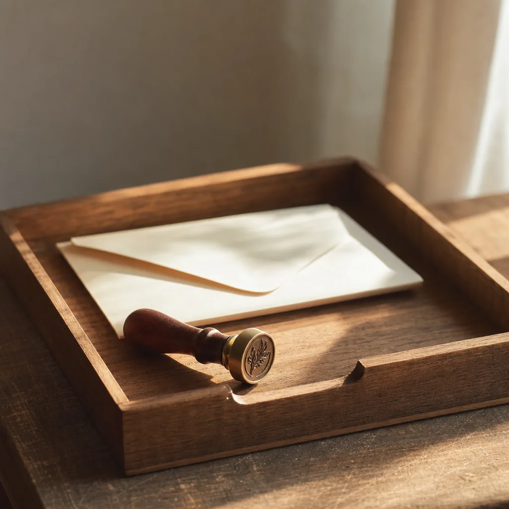 A single sealed wax stamp resting beside a neatly folded letter already placed in an open wooden tray