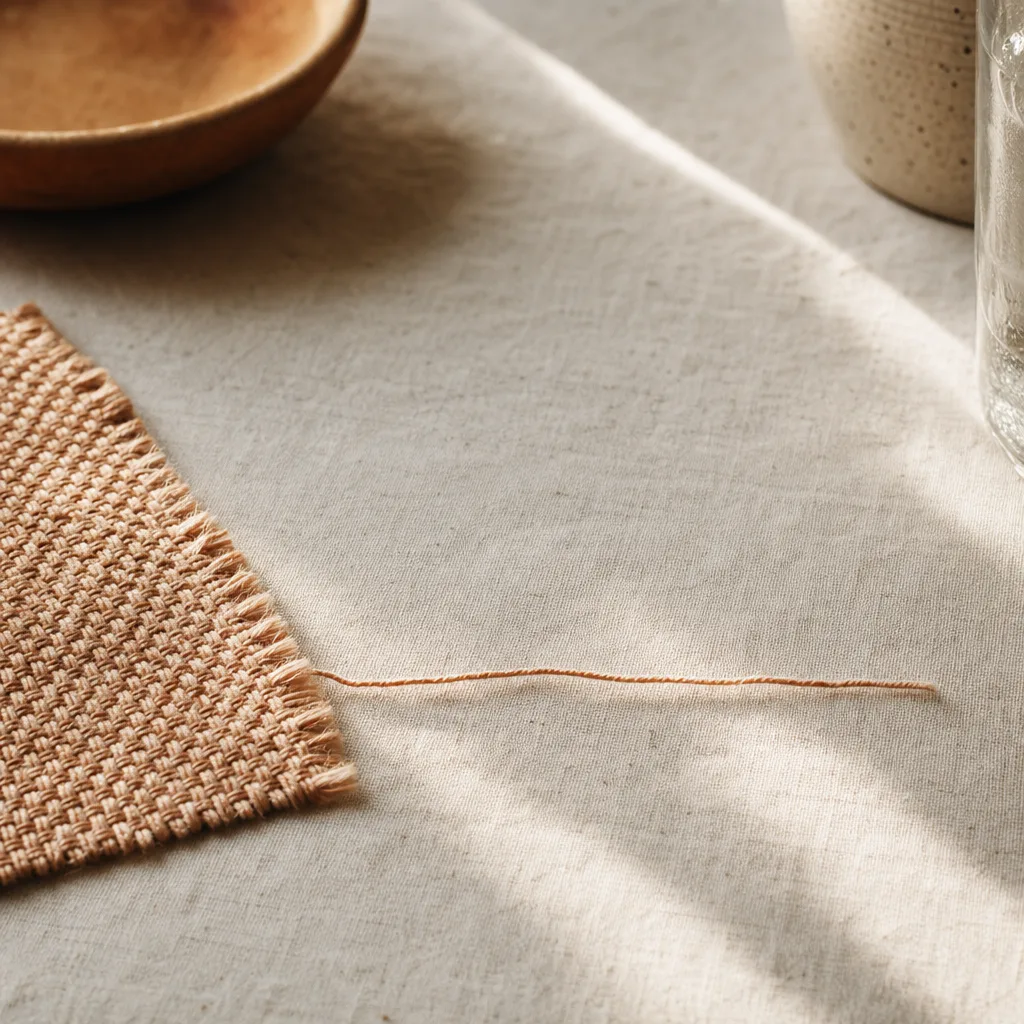 A single loose thread pulled from a woven fabric swatch