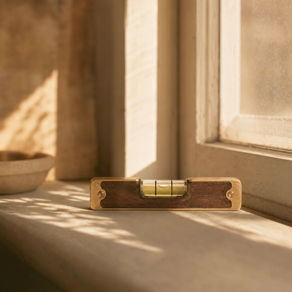 A small spirit level resting on a sunlit windowsill