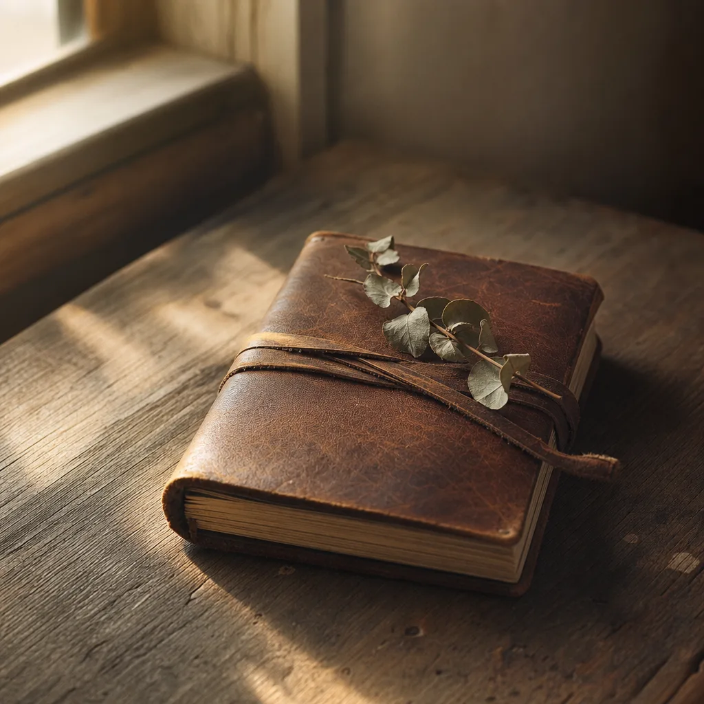 A single worn leather journal lying flat and closed
