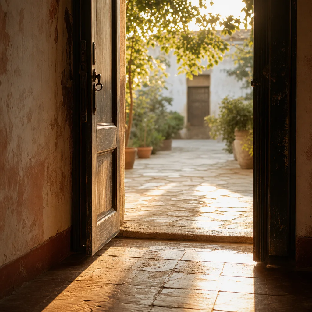 An open doorway leading to a sunlit courtyard