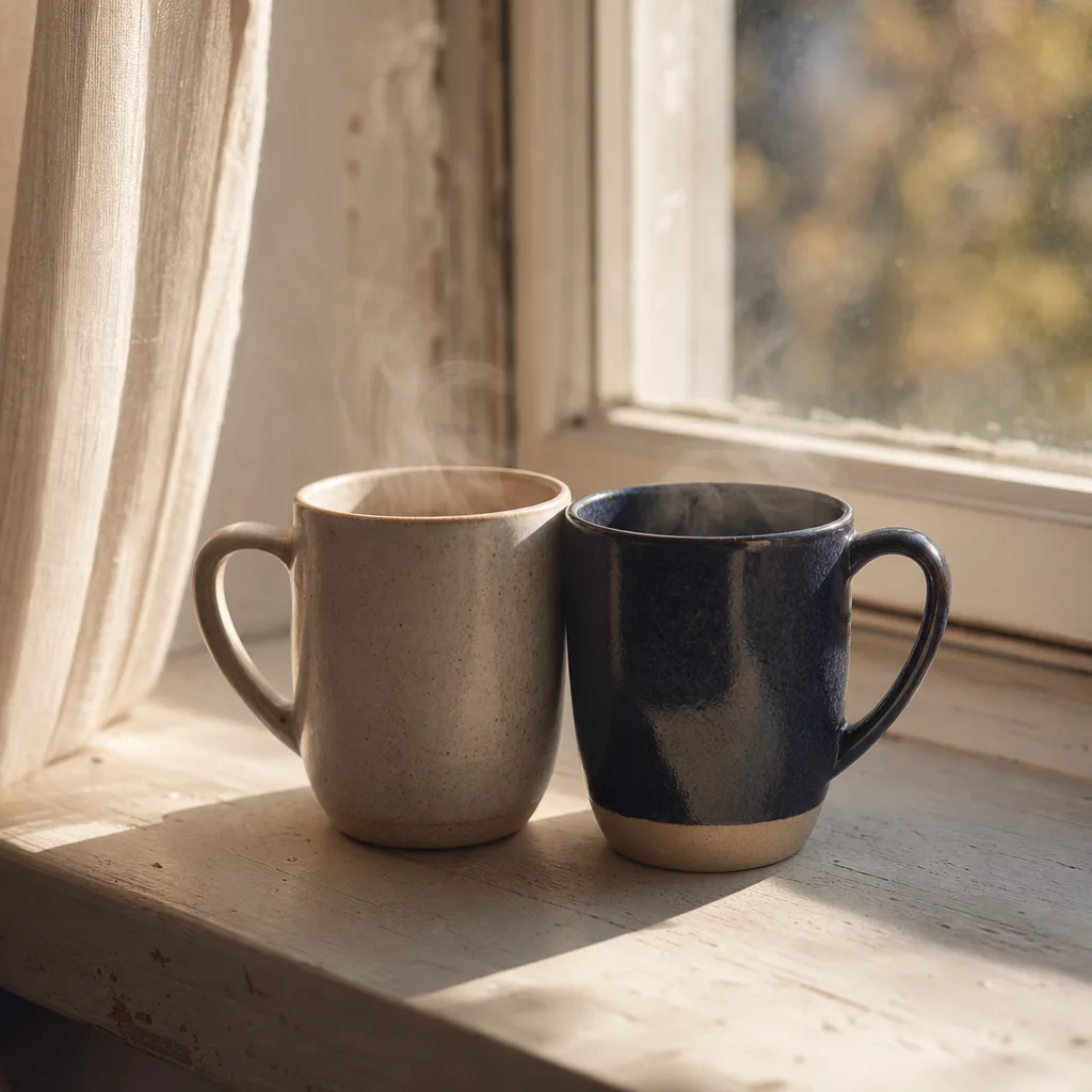 Two mismatched ceramic mugs placed close together on a sunlit windowsill