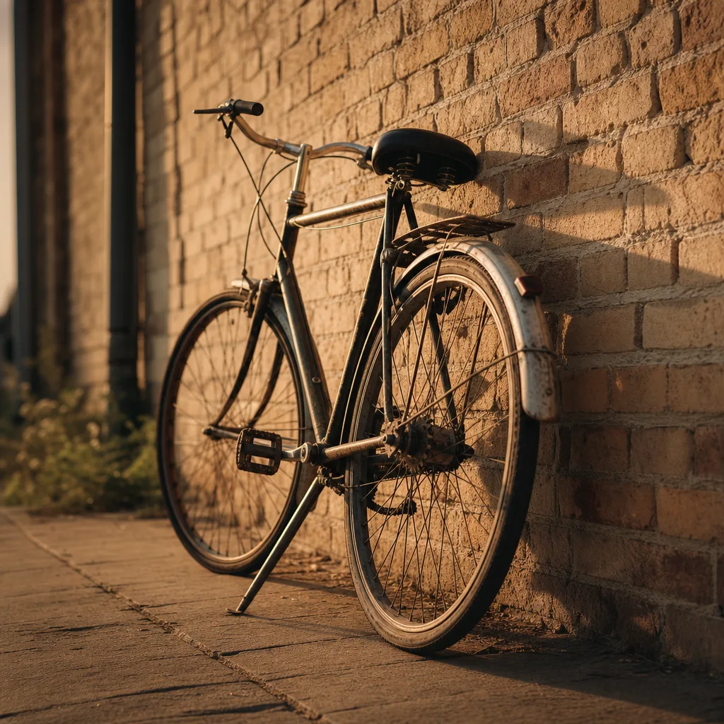 A well-used bicycle leaning unlocked against a sunlit brick wall