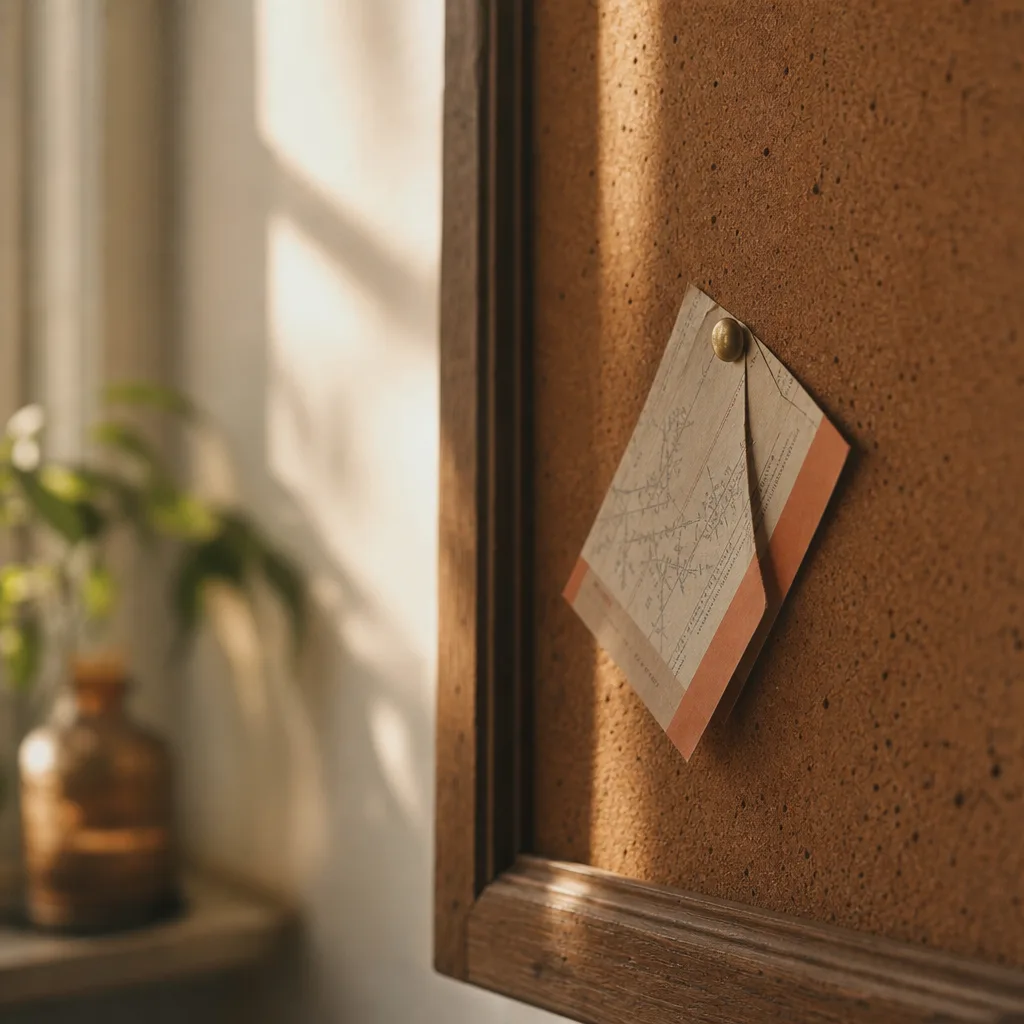 A vintage wall-mounted corkboard in soft focus