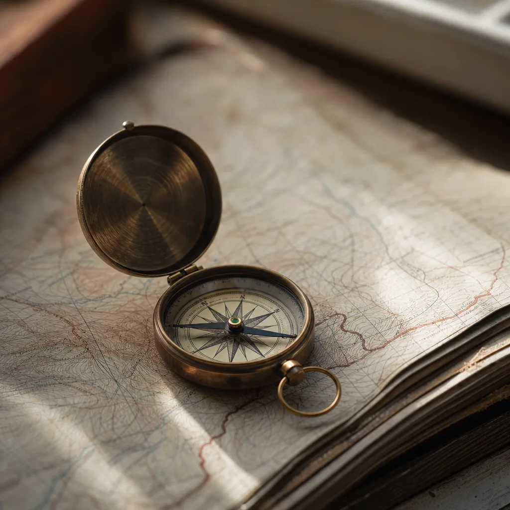 A vintage surveyor's compass lying open on a topographic map