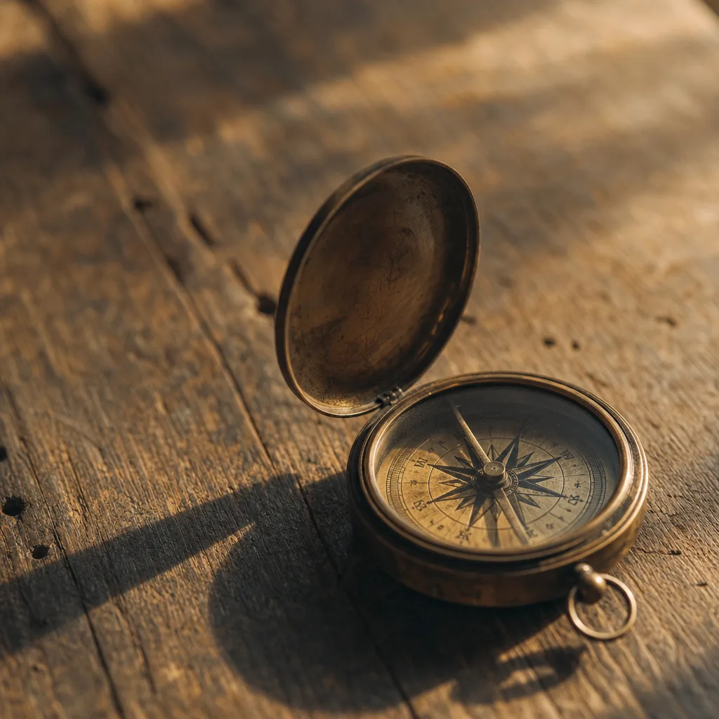 A weathered nautical compass resting open on a worn wooden surface