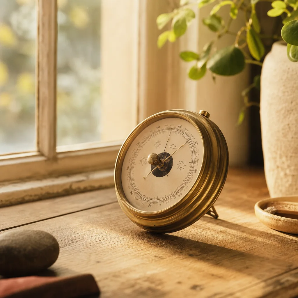 A small brass weather station barometer resting on a sunlit windowsill