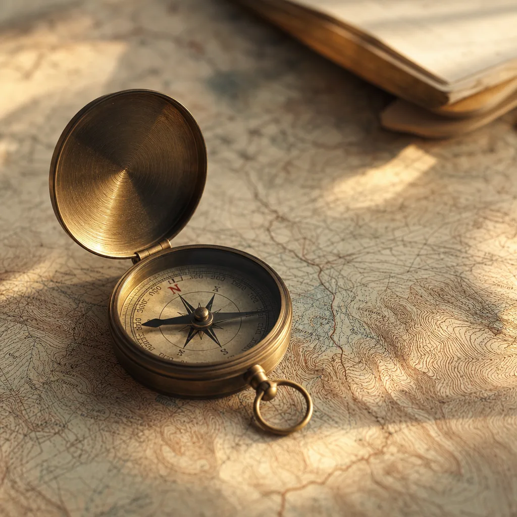 A small compass resting open on a worn topographic map