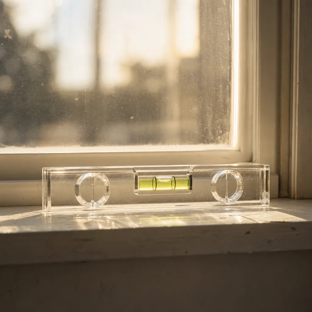 A clear spirit level resting on a sunlit windowsill